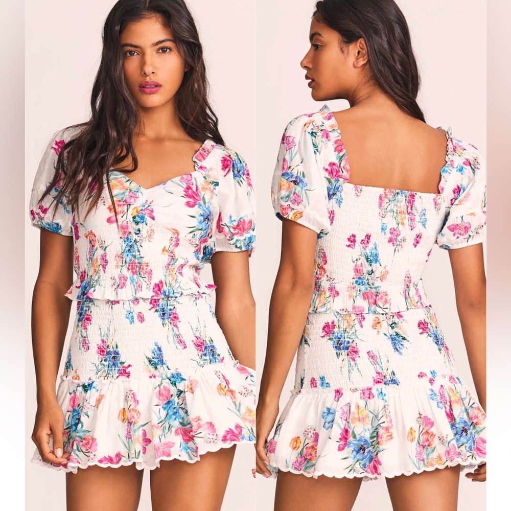 NWT LOVESHACKFANCY JARRAH WHITE FLORAL SMOCKED MINI DRESS